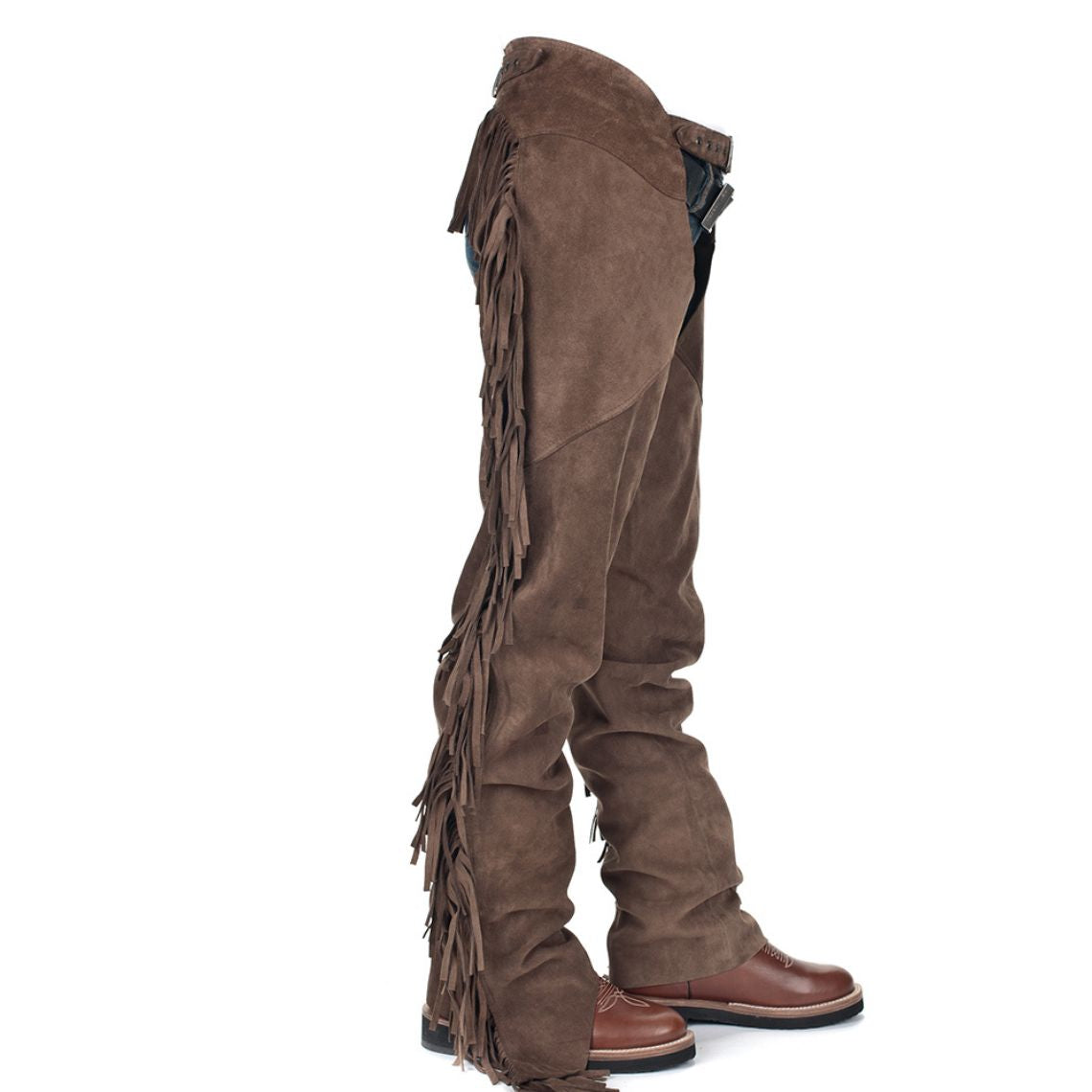 mens brown suede leather western chaps side view fringe detail
