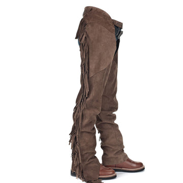 mens brown suede leather western chaps side view fringe detail