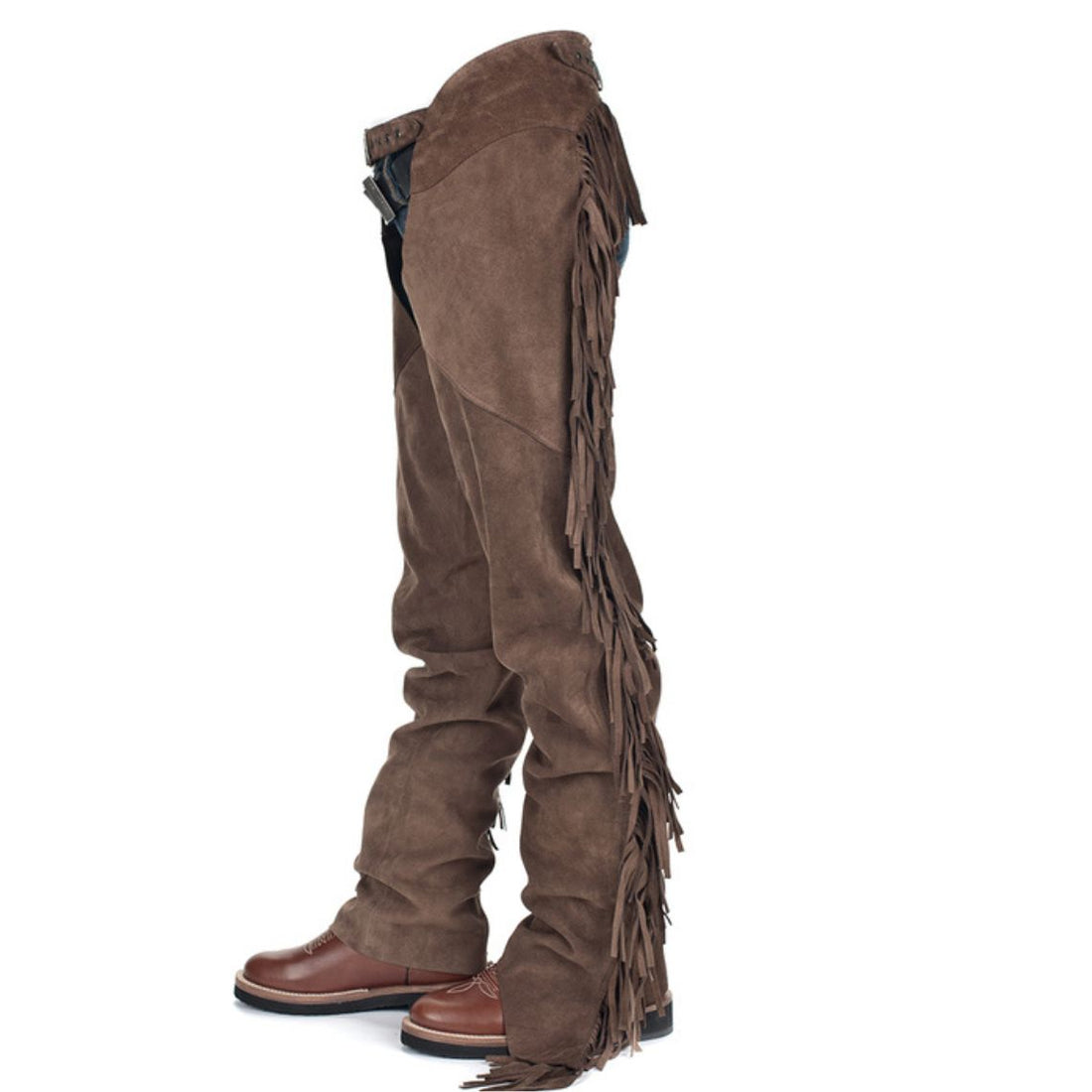 mens brown suede leather western chaps side view fringe detail