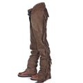 angled view brown suede cowboy chaps with long side fringe