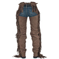 back view mens western suede leather chaps with fringe detailing