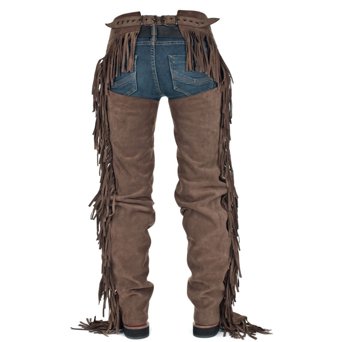 back view mens western suede leather chaps with fringe detailing