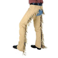 side view tan leather chaps with fringe western cowboy style