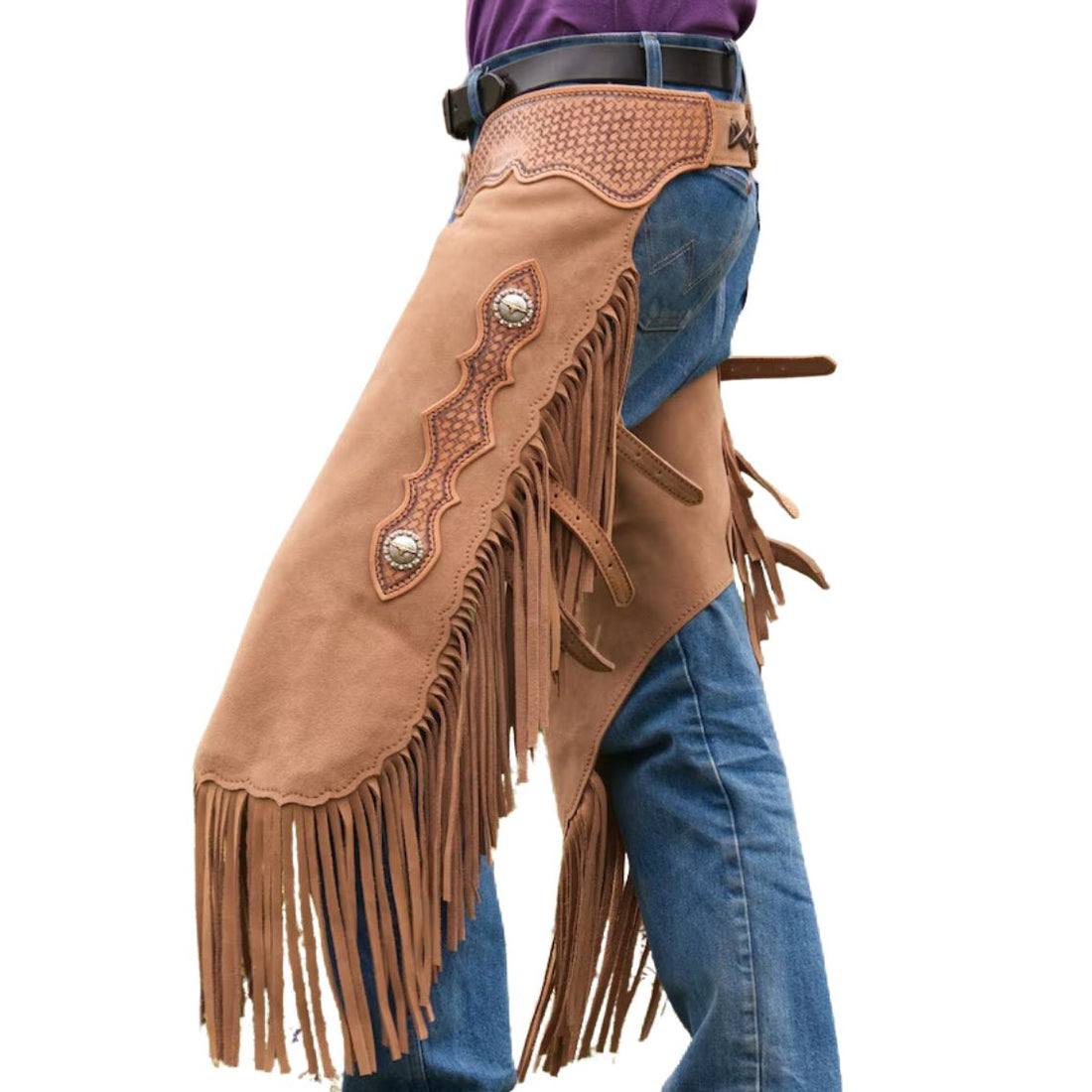 cowboy fringe chaps tan leather front view