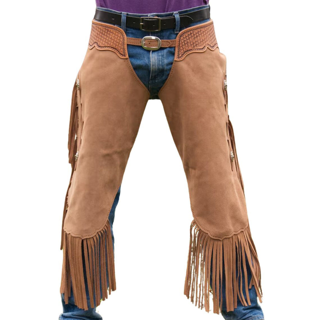 cowboy fringe chaps tan leather front view