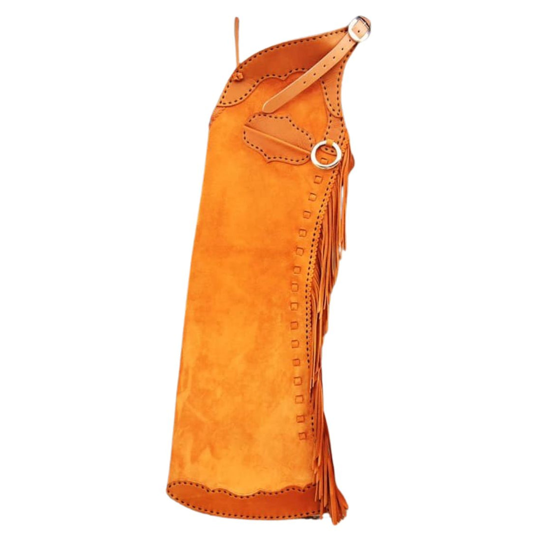 men tan leather chinks western cowboy fringe chaps side view
