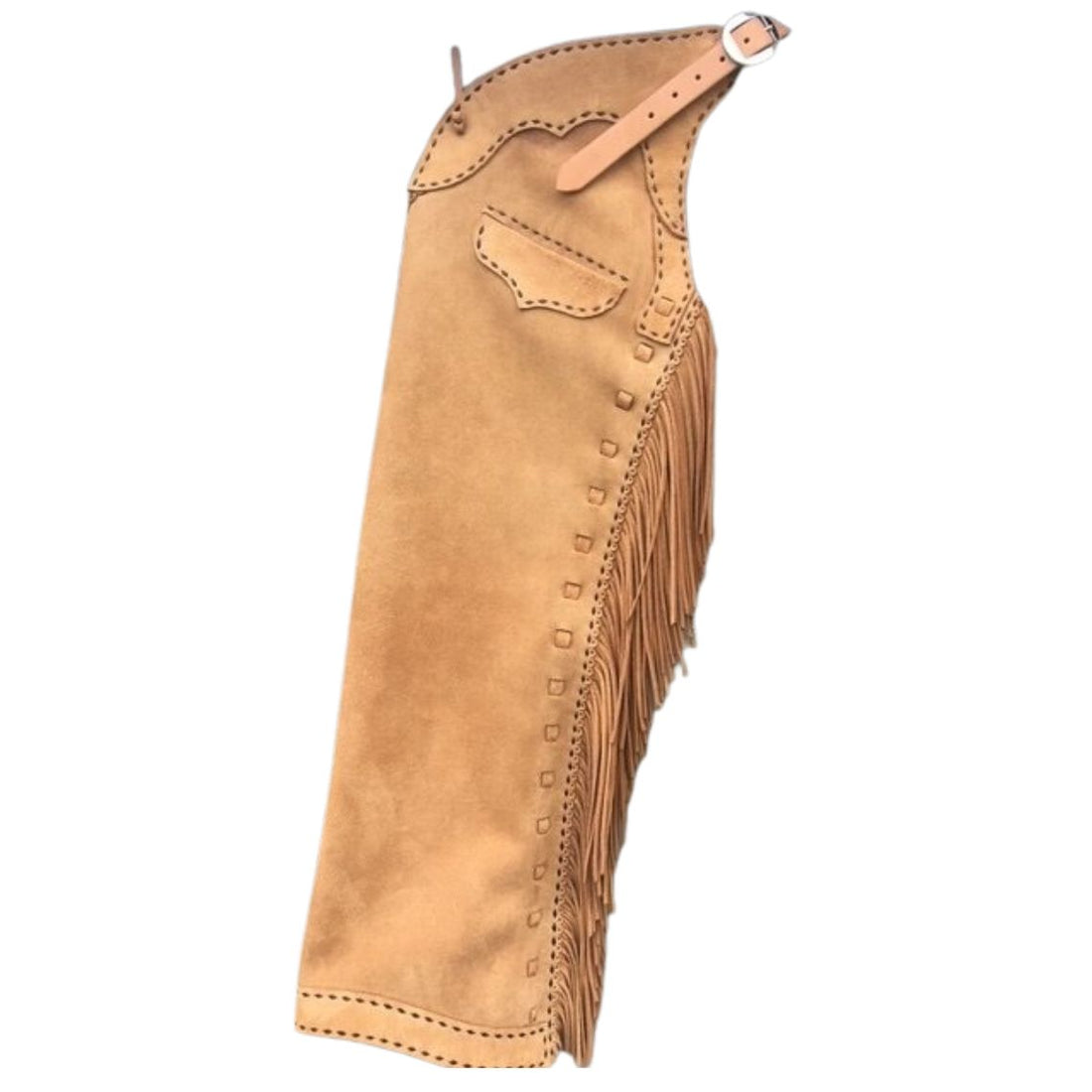 close up tan suede chinks western chap stitching detail