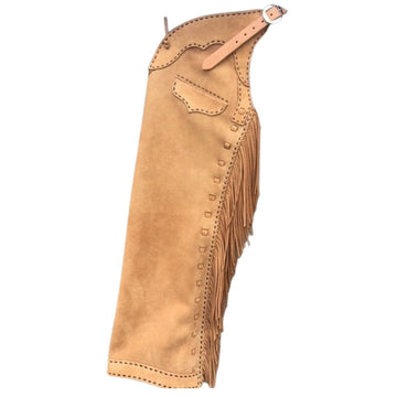 close up tan suede chinks western chap stitching detail