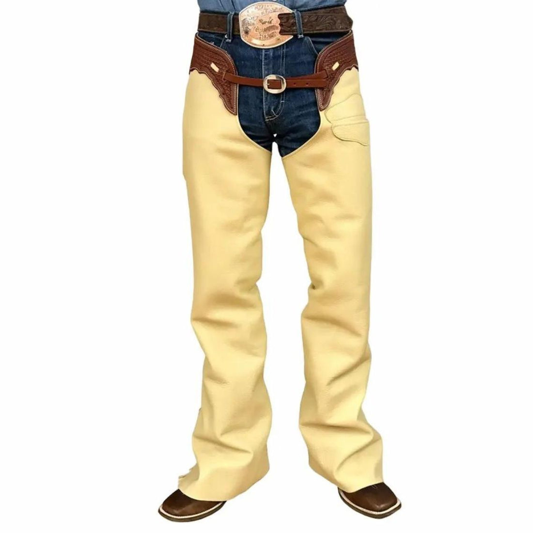 men tan leather western chaps front view cowboy style