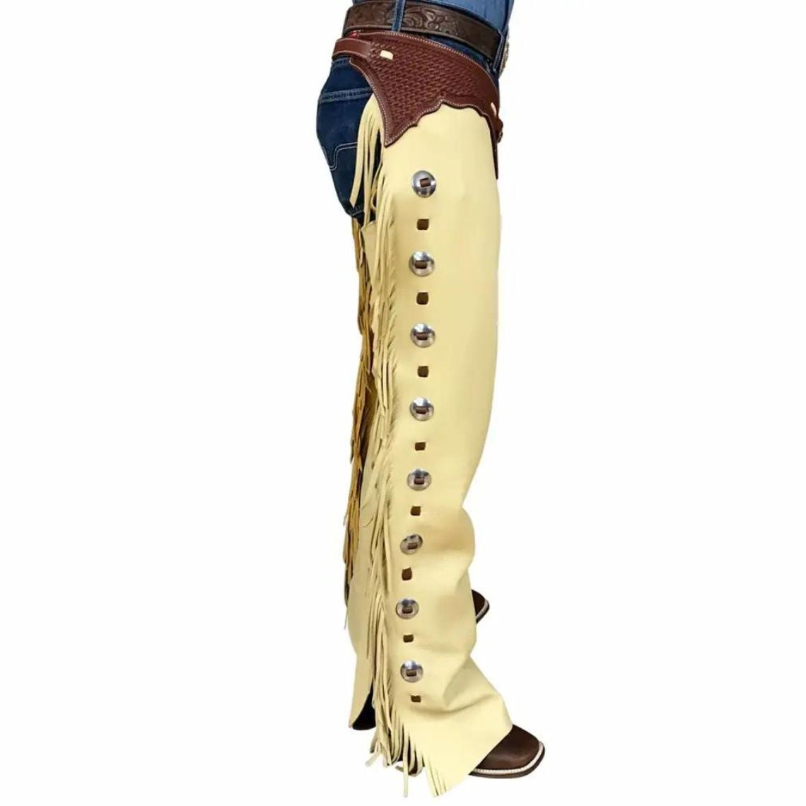 side view tan western chaps with fringe and conchos