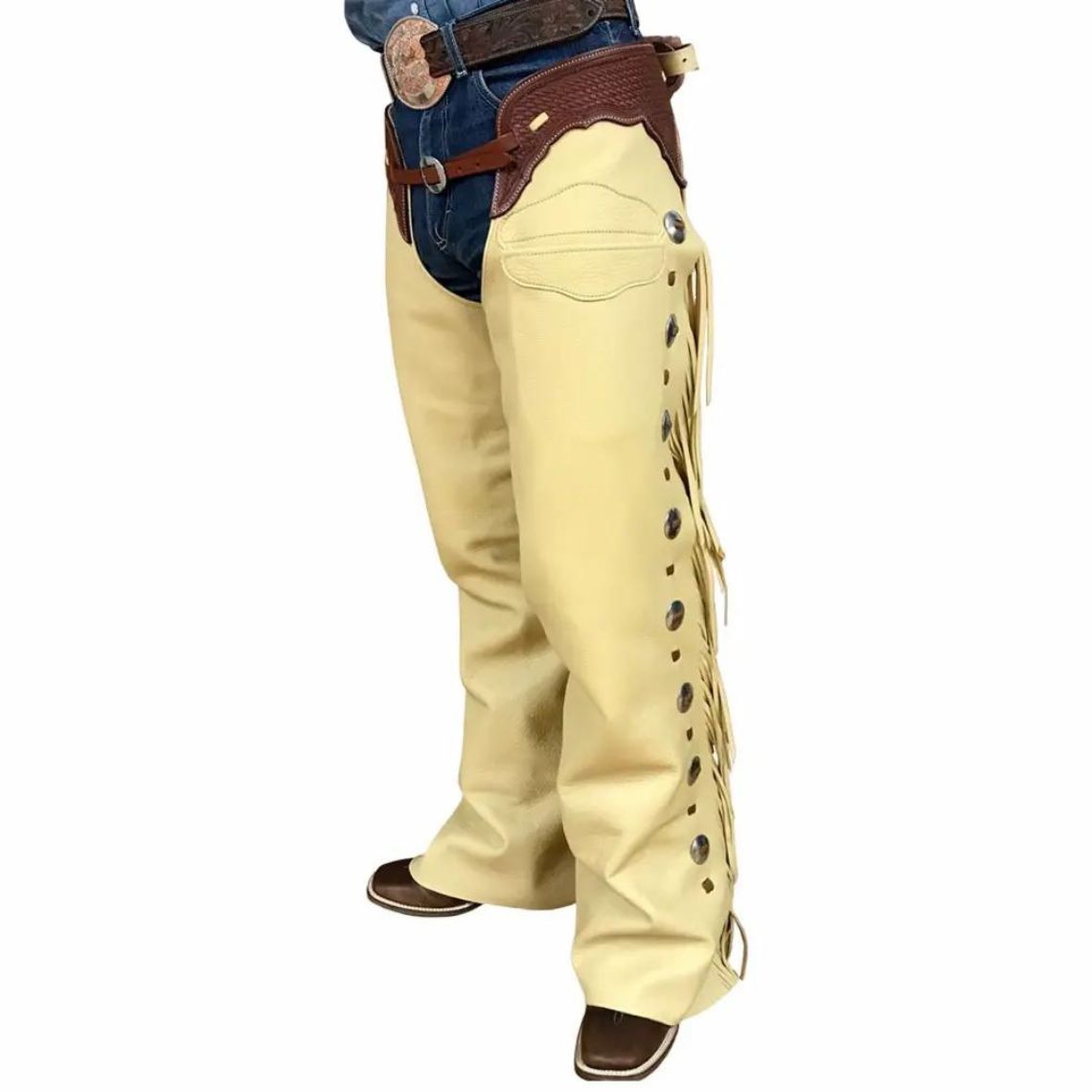 angled view men cowboy leather chaps tan riding gear