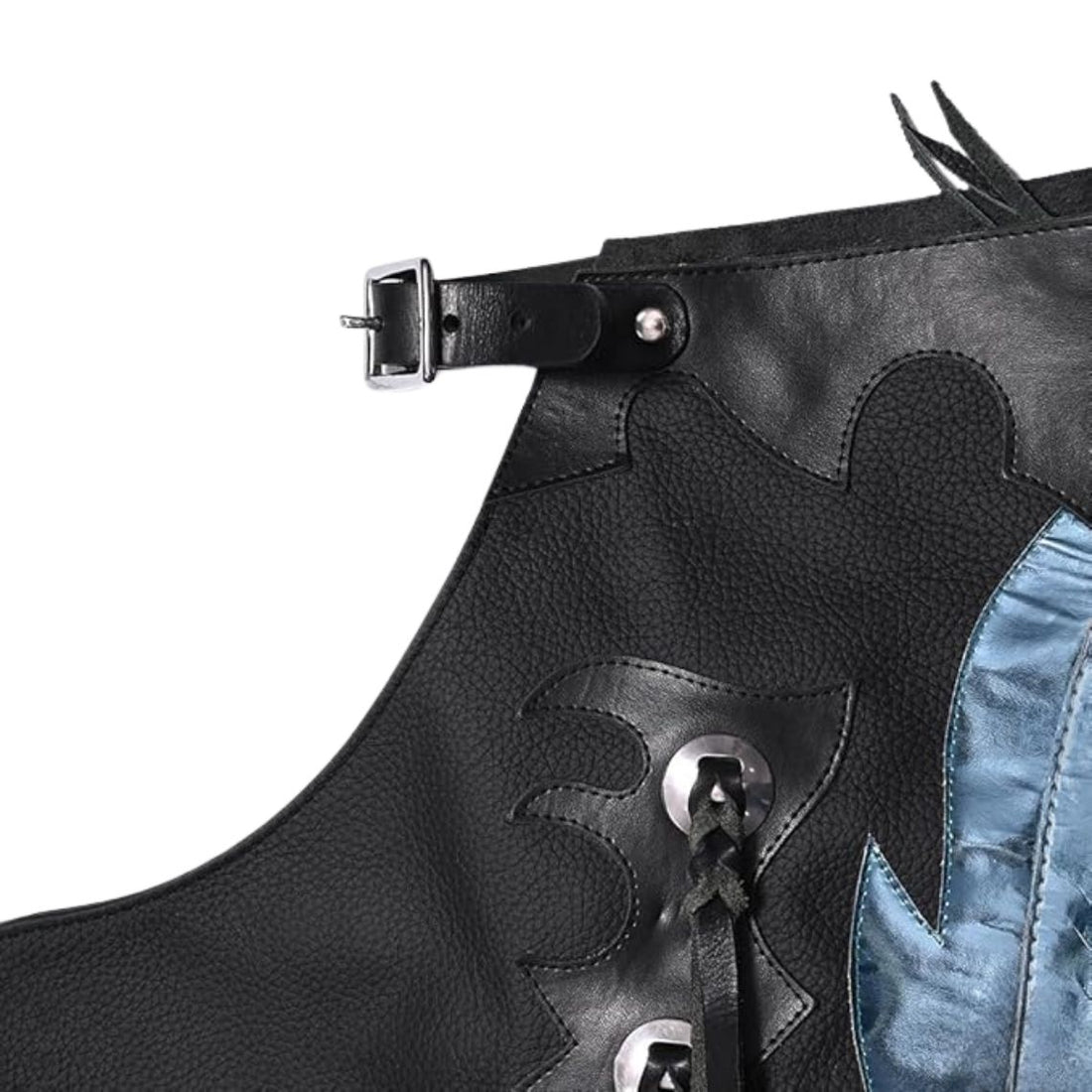 Full view of black bull riding chaps with blue accents