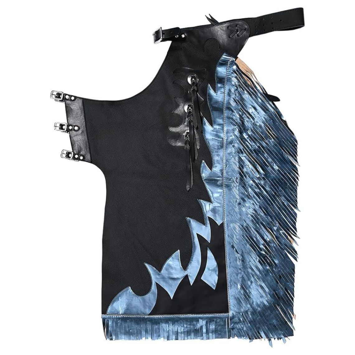 Full view of black bull riding chaps with blue accents