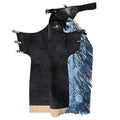 Back view of mens western leather chaps with fringe