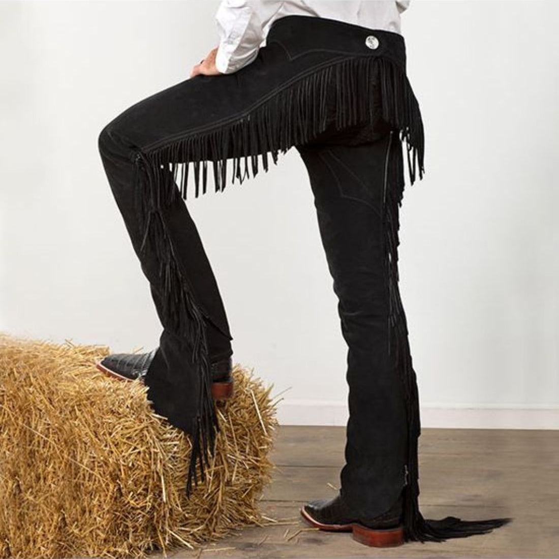 mens black fringe western leather chaps full view