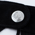 western chaps silver concho button close up
