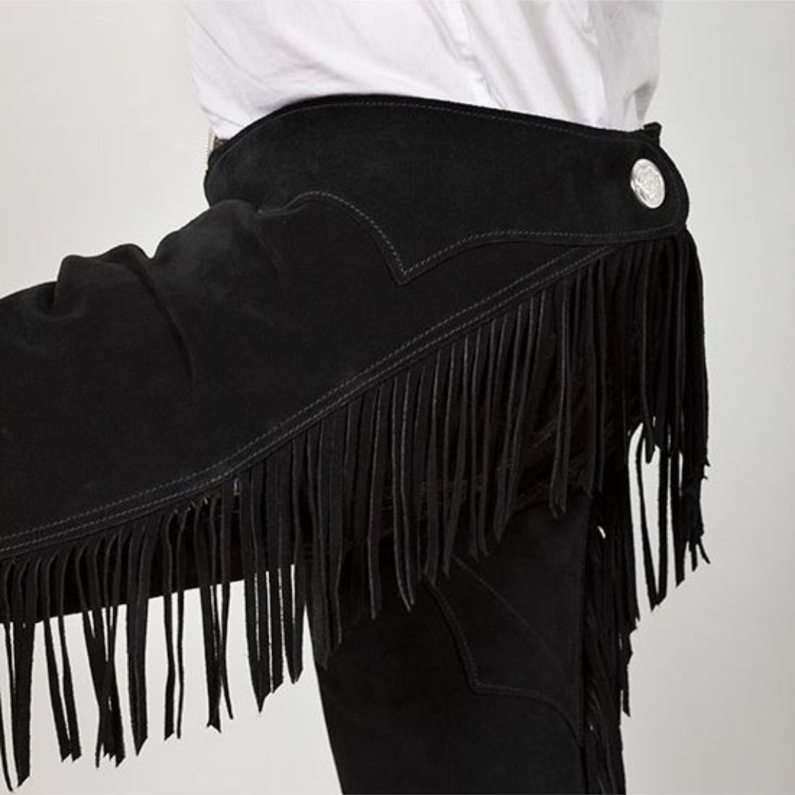 adjustable waist black fringe leather chaps