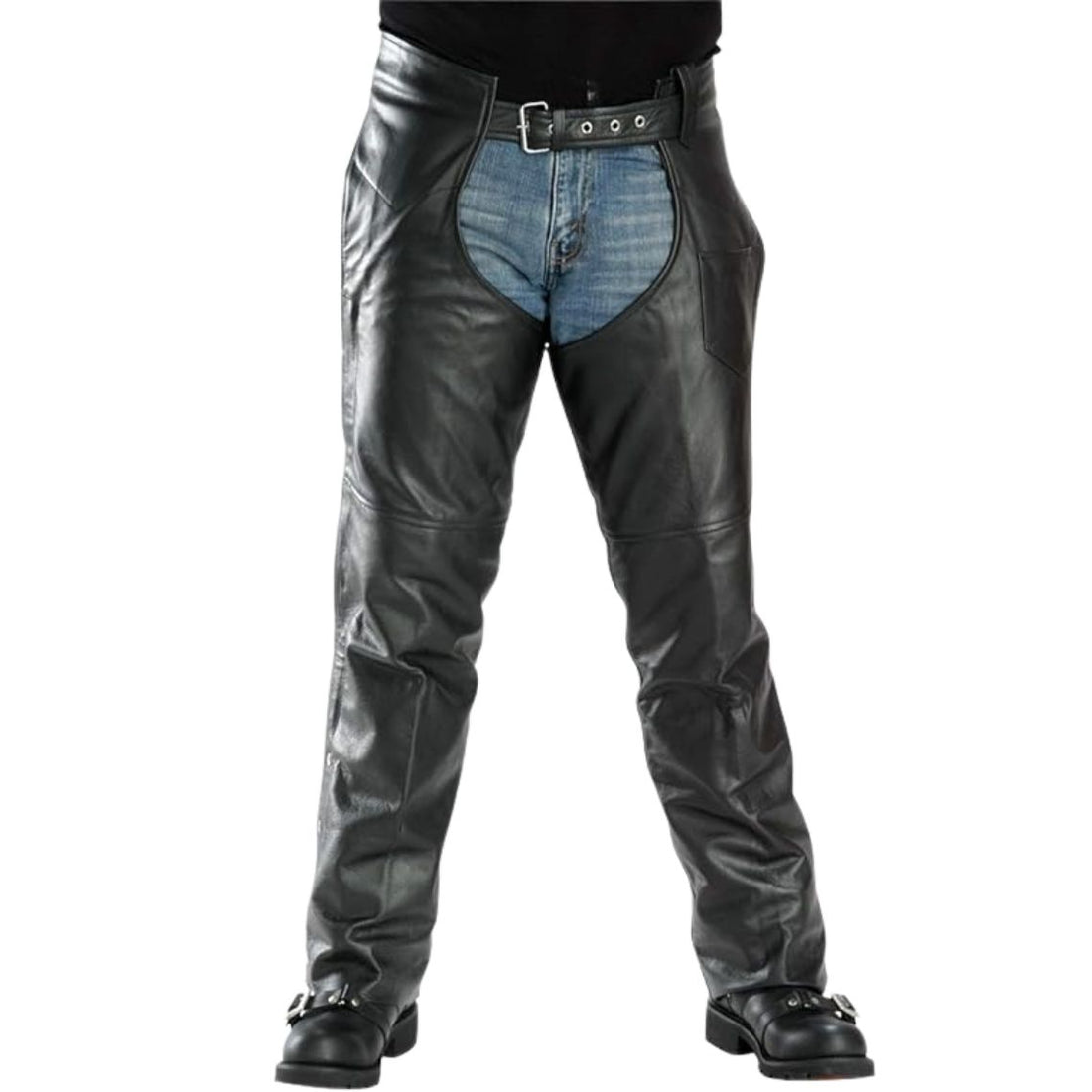 mens black leather biker chaps front view