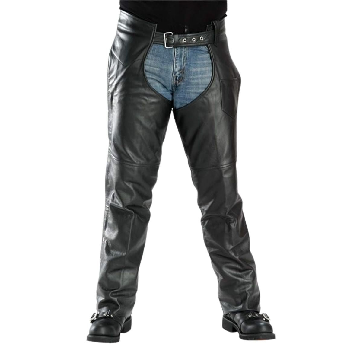 mens black leather biker chaps front view
