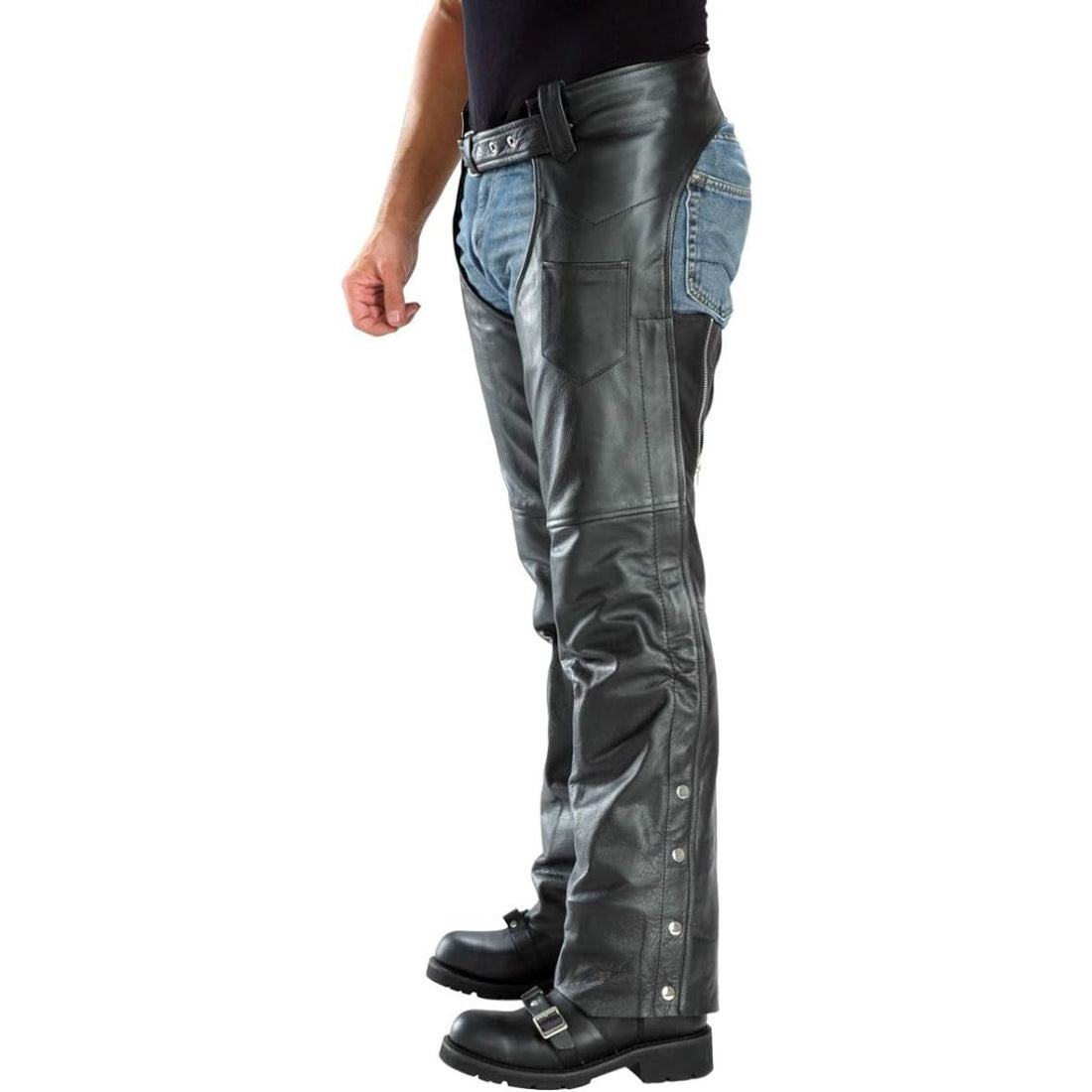 mens black leather biker chaps front view