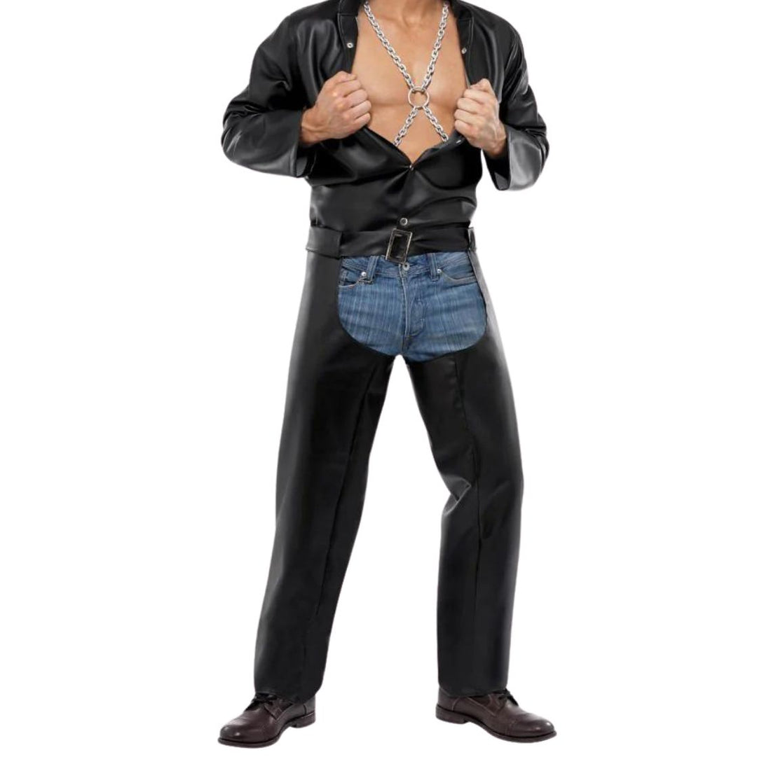 mens black leather chaps front rider style