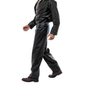 side view black leather chaps over jeans