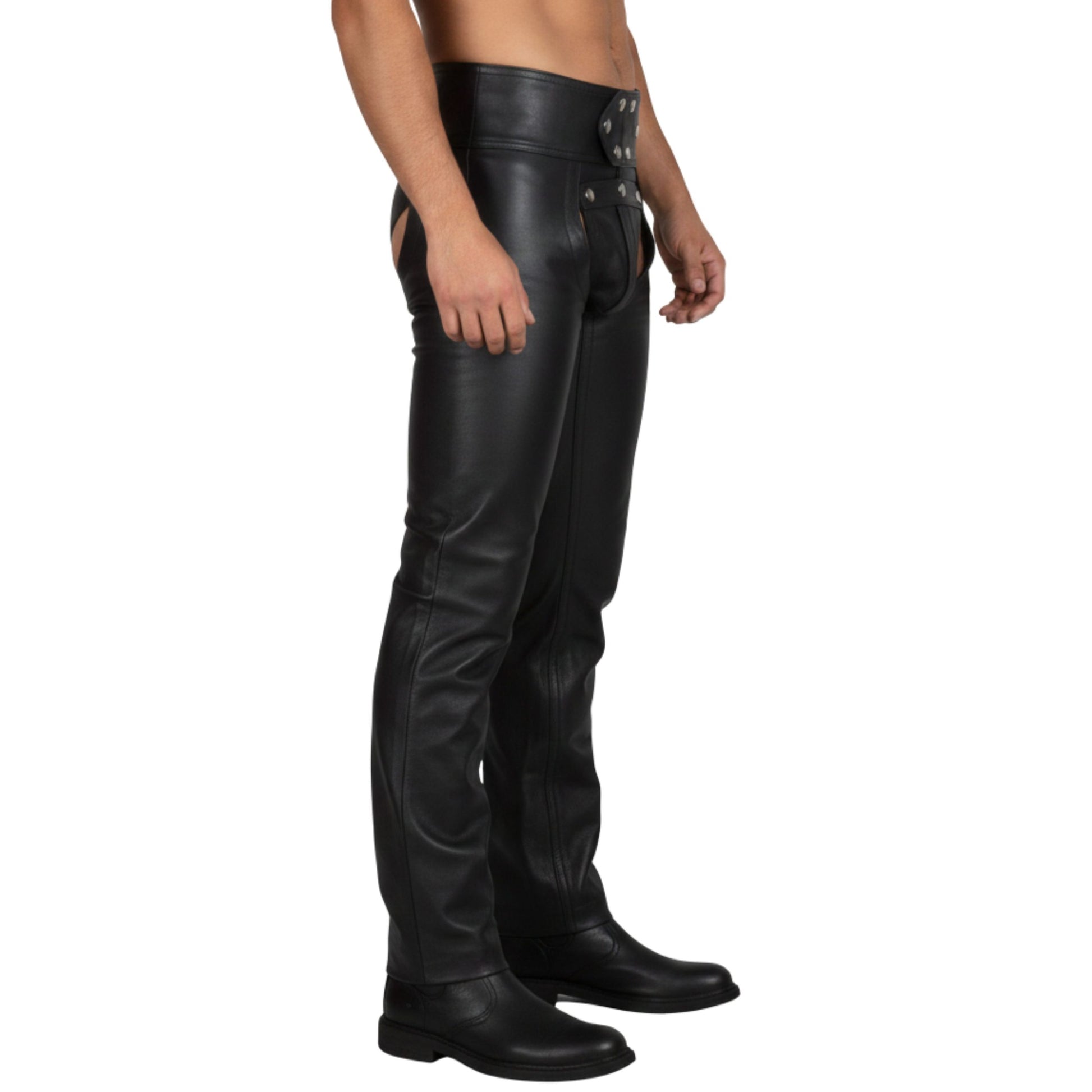 side view black leather fashion chaps