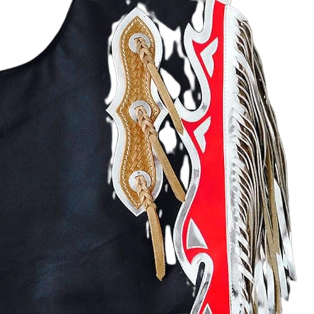Full view of black and red western bull riding chaps with fringe