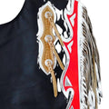 Mens black leather rodeo chaps with red panels and silver fringe