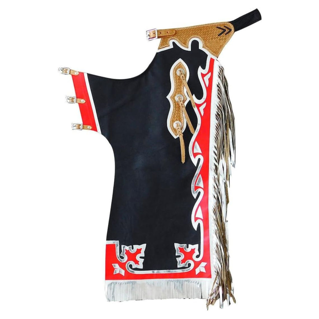 Full view of black and red western bull riding chaps with fringe