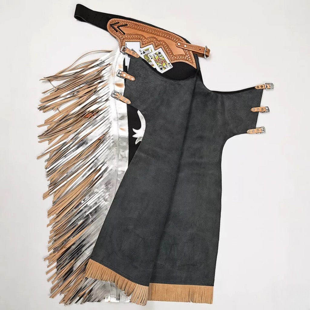 Full view of western bull riding chaps with card motif and long fringe