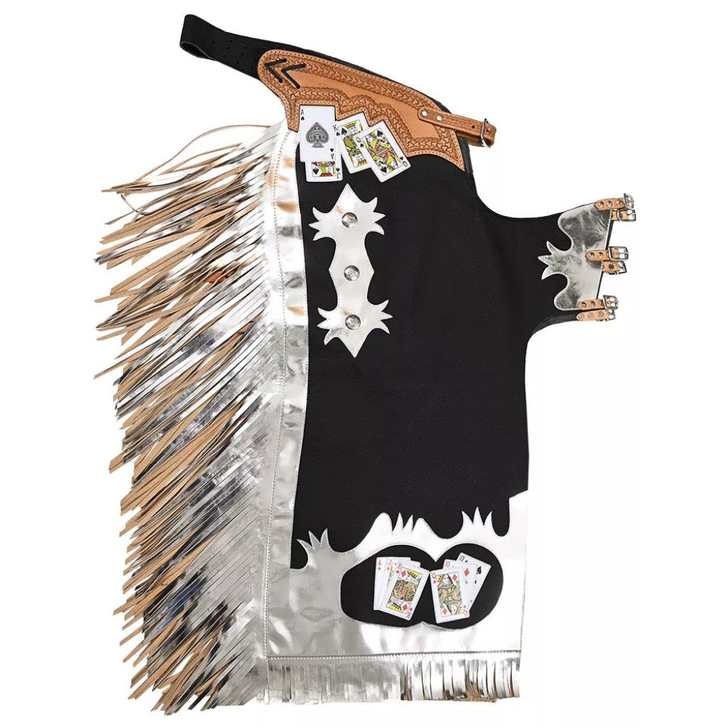 Full view of western bull riding chaps with card motif and long fringe