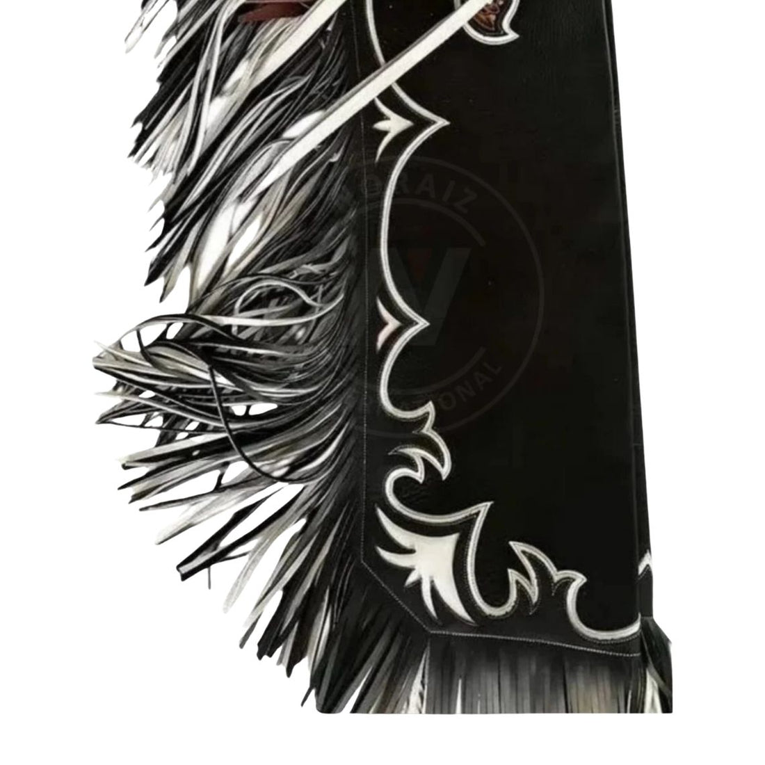 Black western bull riding chaps with fringe full view