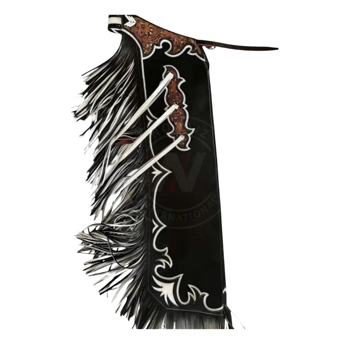 Black western bull riding chaps with fringe full view