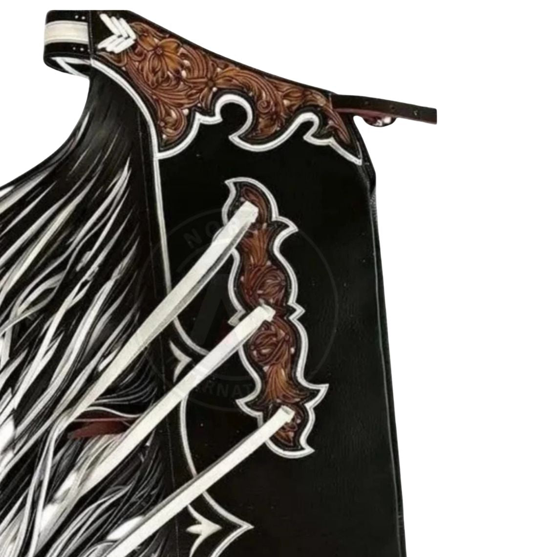 Black leather rodeo chaps fringe western style detail