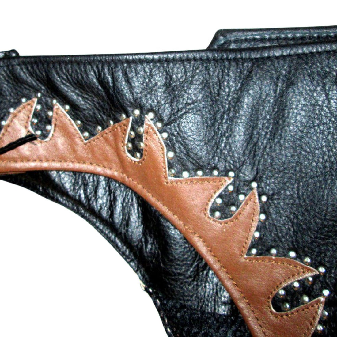 mens black leather western chaps with studded fringe detail