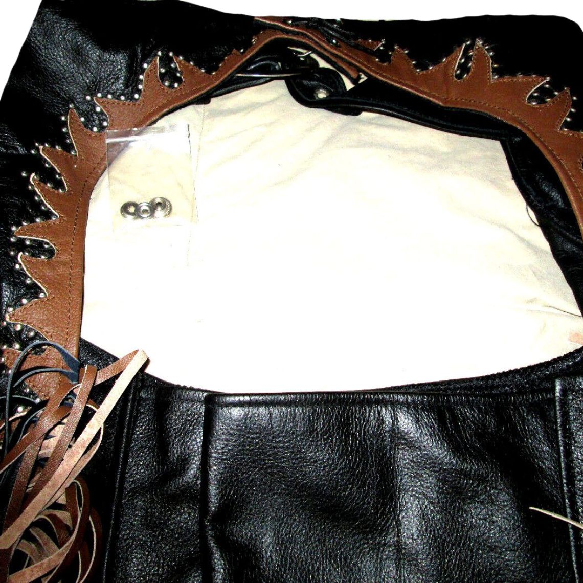 mens black leather western chaps with studded fringe detail