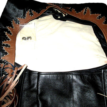 mens black leather western chaps with studded fringe detail