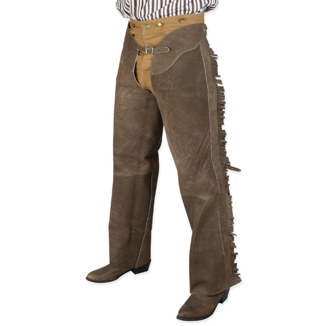 mens brown leather working western chaps front view