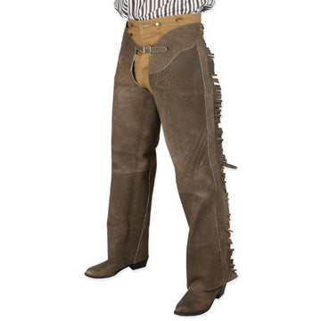 mens brown leather working western chaps front view