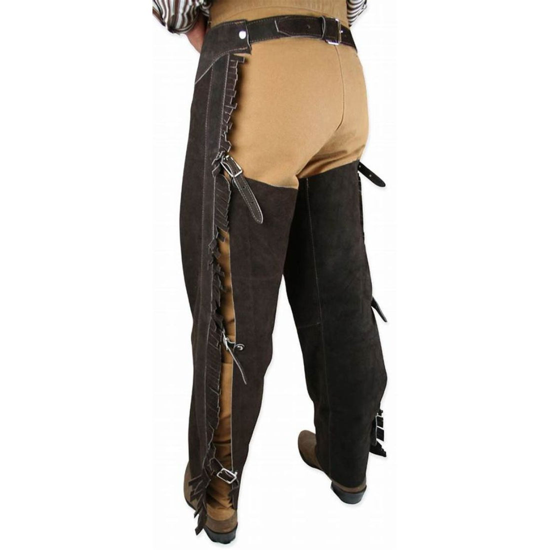 mens brown leather working western chaps front view