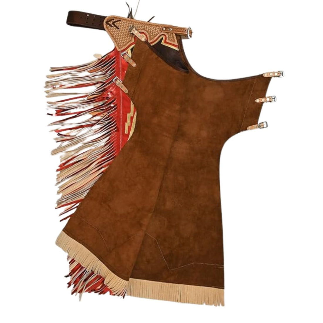 Full view of brown western chaps with red metallic accents