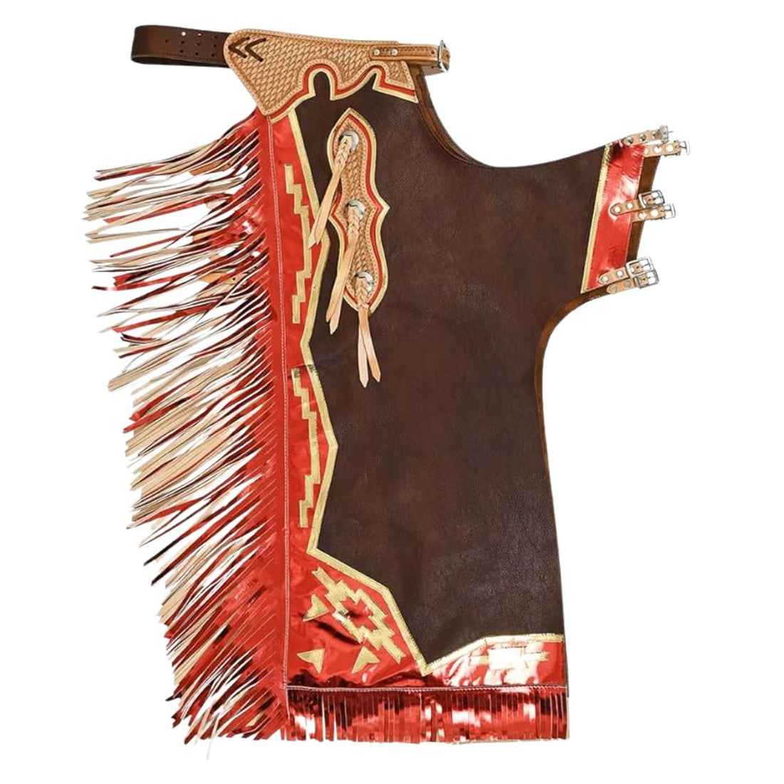 Full view of brown western chaps with red metallic accents