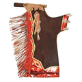 Full view of brown western chaps with red metallic accents