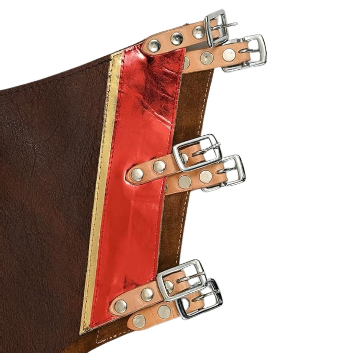 Close up of buckle straps on brown suede bull riding chaps