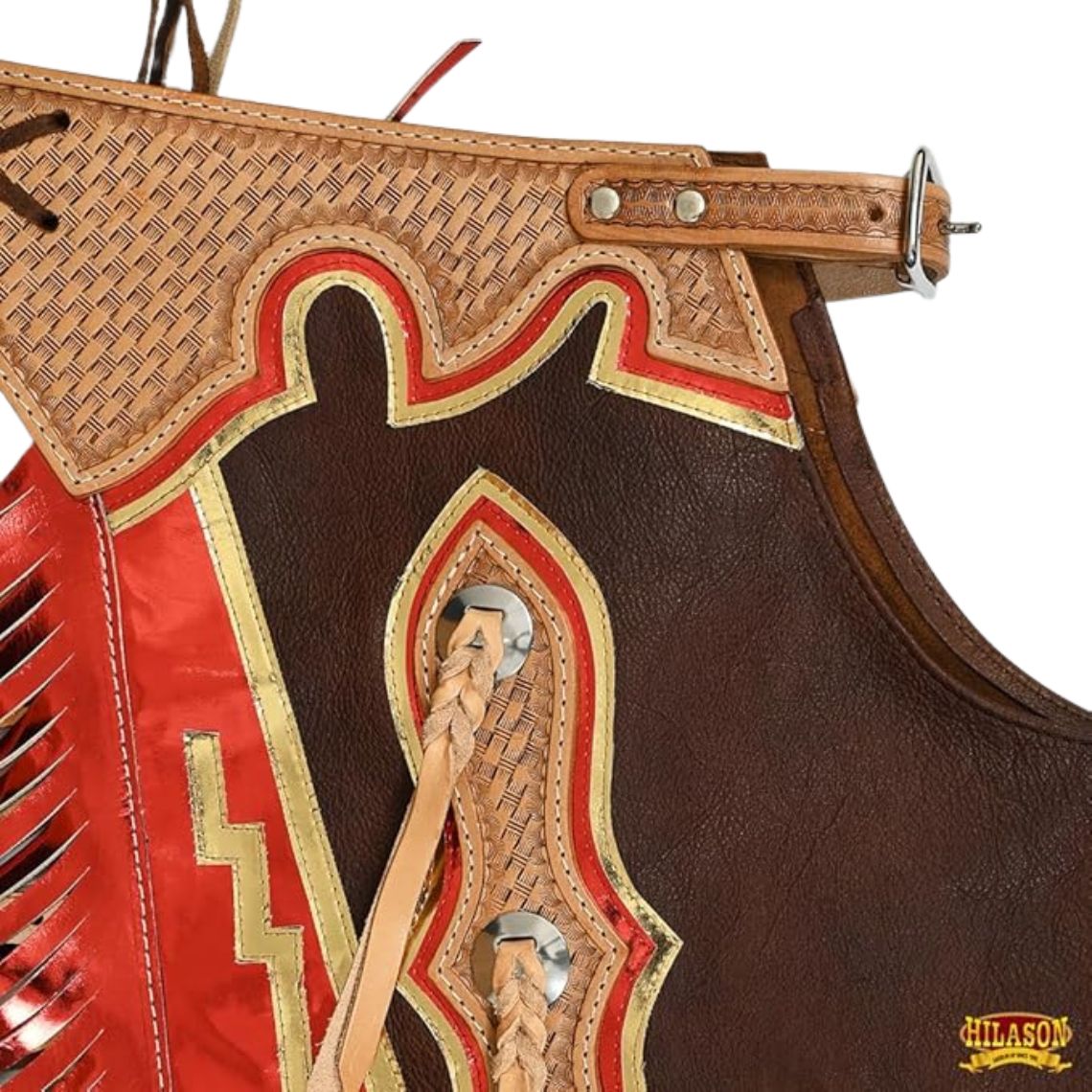 Detailed view of yoke design and fringe on western chaps