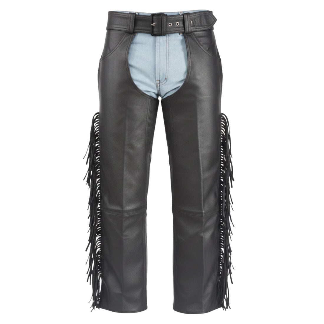 Mens black leather cowboy chaps with fringe front view classic western style