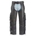 Mens black leather cowboy chaps with fringe front view classic western style