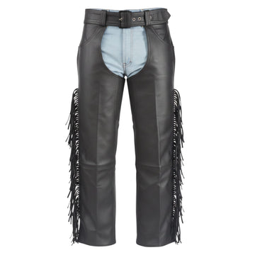 Mens black leather cowboy chaps with fringe front view classic western style