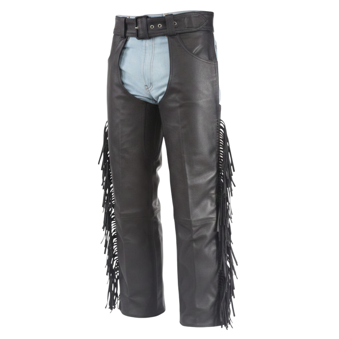 Mens black leather cowboy chaps with fringe front view classic western style